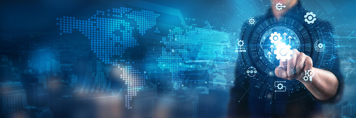 Businessman touching process automation tools, workflow optimization techniques, robotic process automation, task scheduling systems, data integration solutions, efficiency enhancement strategies.