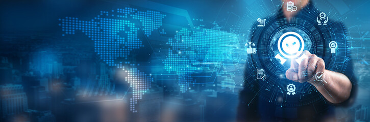 Businessman touching quality assurance, testing systems, process optimization, data analytics, risk management, compliance standards, performance evaluation, operational efficiency, and improvement.