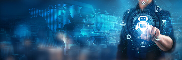 Businessman touching robotic automation systems, industrial robot applications, machine learning algorithms, precision manufacturing techniques, automated assembly lines, advanced robotics solutions.