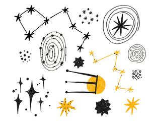 Freehand cartoon space illustration. Hand drawn outer space, solar system, stars, zodiac. Hand drawn set. Illustration © Ilona