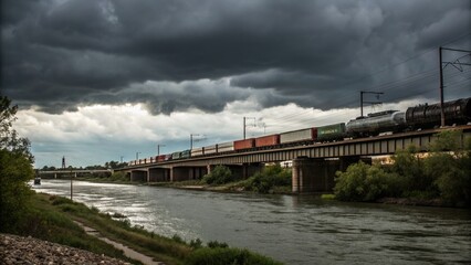 Cloudy Sky, River, Train Transporting Cars - Urban Exploration Photography