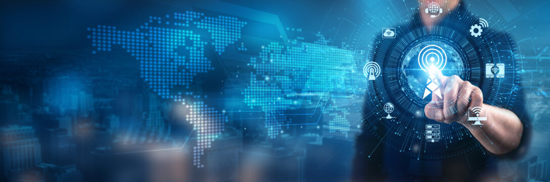Businessman touching telecommunications network interface system, digital communications, modern technology, global connectivity, mobile data services, wireless communication solutions.