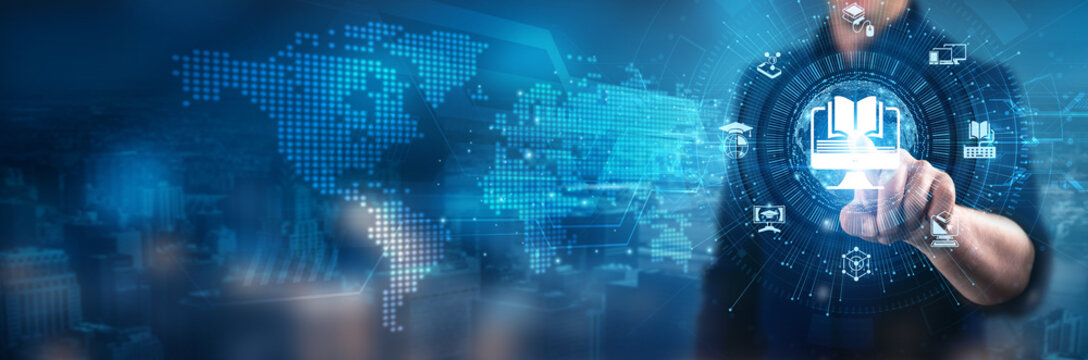 E-learning. Businessman touch online learning platforms, interactive course materials, student engagement tools, virtual classrooms, assessment methods, and learning management systems.