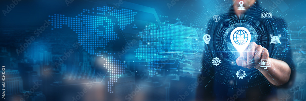 Poster gis. businessman touching geographic information systems, spatial analysis tools, data visualization