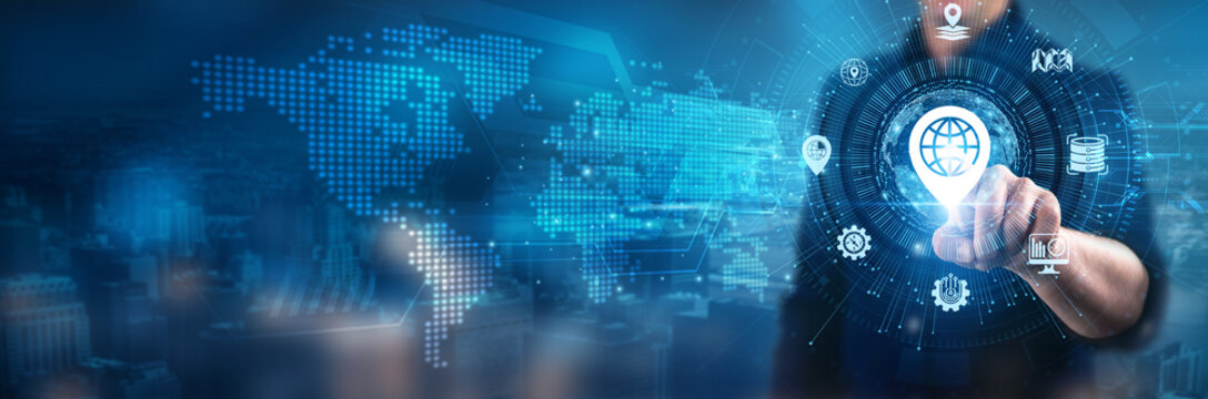 GIS. Businessman touching geographic information systems, spatial analysis tools, data visualization techniques, location-based services, mapping applications, and market analysis strategies. - Powered by Adobe