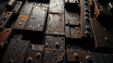 A close up of rusty metal with many holes and screws