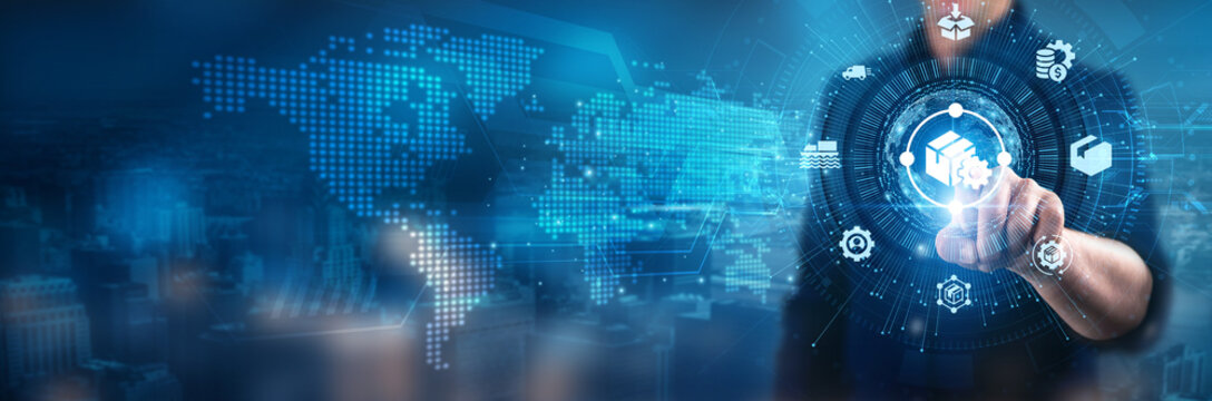 Supply Chain Management. Businessman touching inventory systems logistics software demand forecasting shipping data, supplier networks, warehouse management logistics optimization procurement.