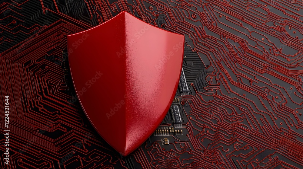 Poster a red shield rests atop a dark circuit board, symbolizing the protection of sensitive data and digit