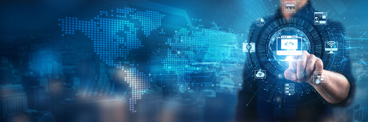 Web Development. Businessman touch responsive web design, front-end frameworks, back-end programming languages, user experience optimization, content management systems, and website performance.