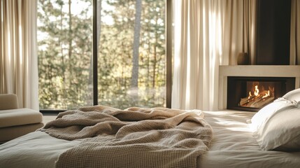 A serene bedroom featuring a modern fireplace, large window and neutral tones creating a warm, cozy atmosphere