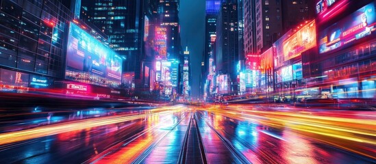 Vibrant City Nightscape: A Symphony of Lights and Motion in Urban Metropolis