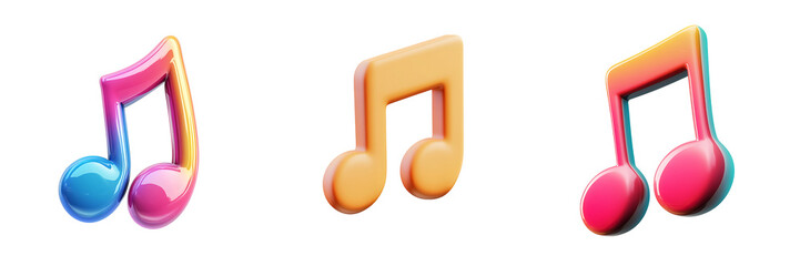 Set of a, Music note icon, 3D render, cartoon style, isolated on a transparent background.
