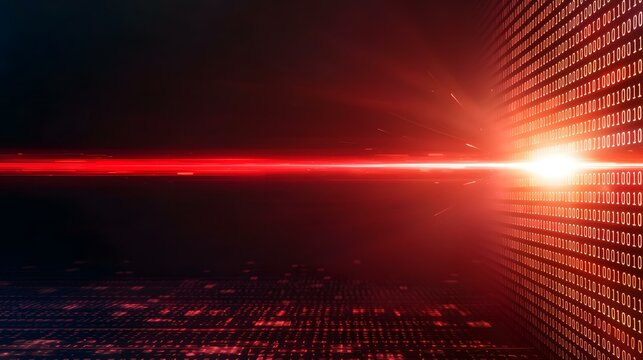 A glowing red binary code wall is depicted, with a bright red light streak emanating from its center, suggesting data transmission or processing.