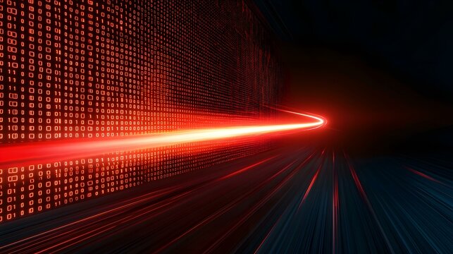 A vibrant red streak of light, resembling data transmission, speeds through a dark tunnel lined with glowing binary code.