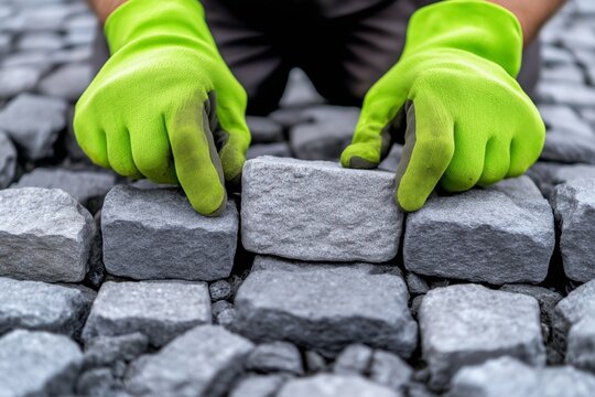 Worker Arranging Cobblestones with Neon Green Gloves for Pavement Construction
