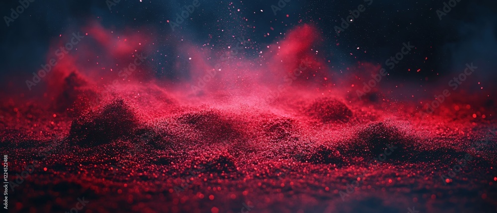 Poster abstract red dust cloud with a dark background and bokeh effect creating a moody atmosphere