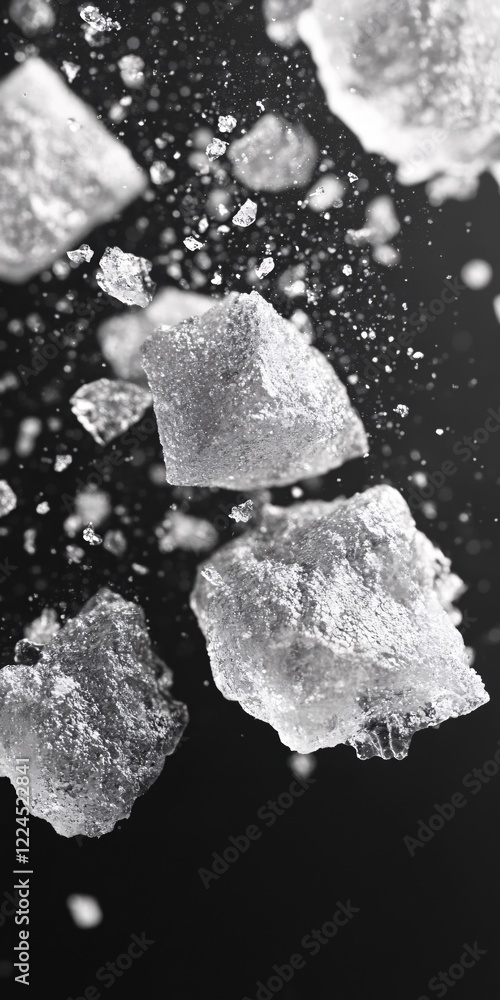Poster ice chunks falling in black background with small ice particles and a monochrome color scheme