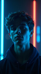 Ritratto di un ragazzo, illuminato da luci al neon blu e rosse in un'ambientazione moderna e futuristica