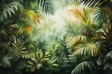 Obraz premium Vintage watercolor jungle scenery featuring lush foliage patterns perfect for tropical-themed backgrounds or wallpaper designs. Ideal for nature enthusiasts and interior decorators