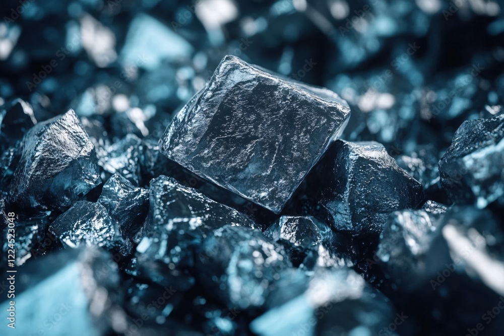 Poster dark metallic cubes with reflective surfaces in a close up shot with a blurred background