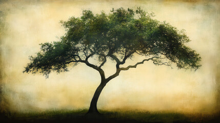 A serene portrait of a calm landscape, with a single tree as the focal point, its branches reaching gracefully