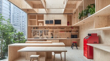 Modern workshop, city view, wood interior, tools, craftsmanship