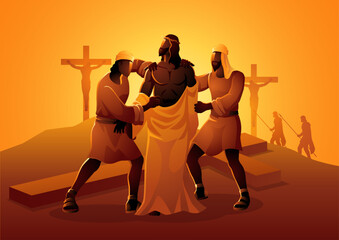 Biblical vector illustration series. Way of the Cross or Stations of the Cross, tenth station, Jesus is Stripped of His Garments.