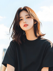 Fototapeta premium The teenager wear an oversized t-shirt and smiled casually. Take dynamic vertical photos.