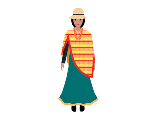 Mexican woman dressed in traditional Andean clothing including a wide-brimmed hat, colorful striped shawl, long skirt, and multiple necklaces. Ideal for cultural representation, traditions, fashion