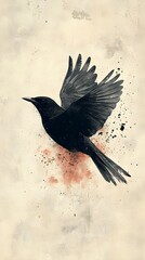 Obraz premium A silhouette of a single bird in flight against a pale cream background.