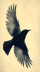 Fototapeta premium A silhouette of a single bird in flight against a pale cream background.