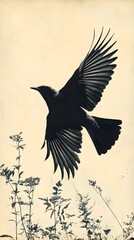 Fototapeta premium A silhouette of a single bird in flight against a pale cream background.