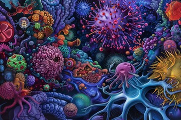 Vibrant molecular world in cosmic hues. Neural network AI generated