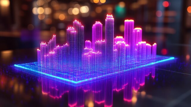 A vibrant digital representation of urban landscapes with glowing data visualization.