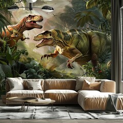 Two T-Rex dinosaurs in jungle mural, living room setting