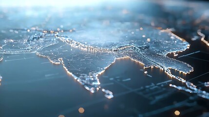 Futuristic digital map overlay on a glowing surface, representing modern technology and advanced data visualization concepts.