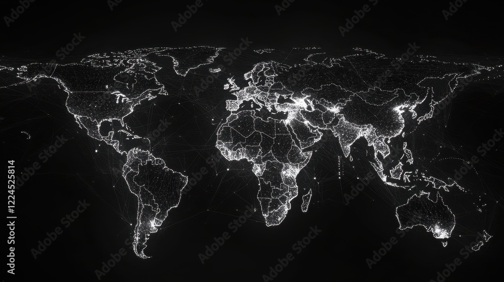 Poster global network map with bright nodes on dark background