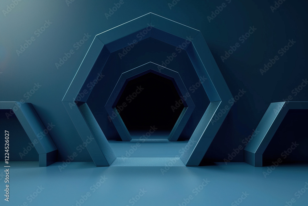 Poster unique hexagonal structures create a modern corridor in a dark, minimalist space