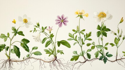 Botanical Illustration: A Delicate Array of Flowers and Roots