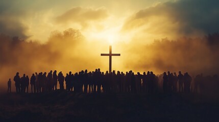 A group of people pray in front of a cross, conveying a sense of hope and community against the backdrop of the sunrise.