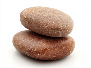 Two smooth brown stones stacked on top of each other against a white background in studio light