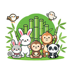 Obraz premium Adorable Cartoon Animals in Bamboo Forest Illustration
