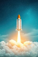 Naklejka premium Rocket Launching into the Starry Sky