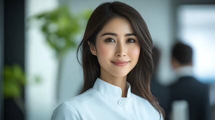 Confident young woman in a professional setting, smiling warmly at the camera.