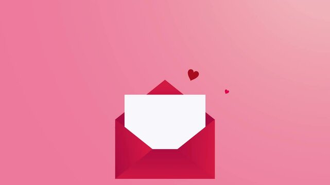 envelope with hearts and paper on pink background, valentine's day animation, greeting and celebration, 4K animation.