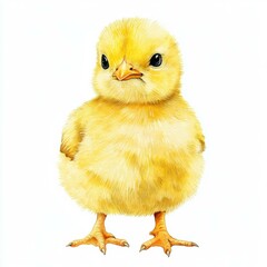 Obraz premium Yellow chicken with large eyes standing on a wooden surface in natural light setting