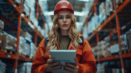 Fototapeta premium Woman worker checking stock with digital tablet warehouse stock management indoor focused inventory control