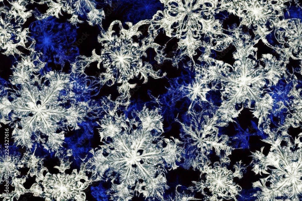 Poster intricate snowflake patterns on a dark background with blue hues displaying organic shapes and textu