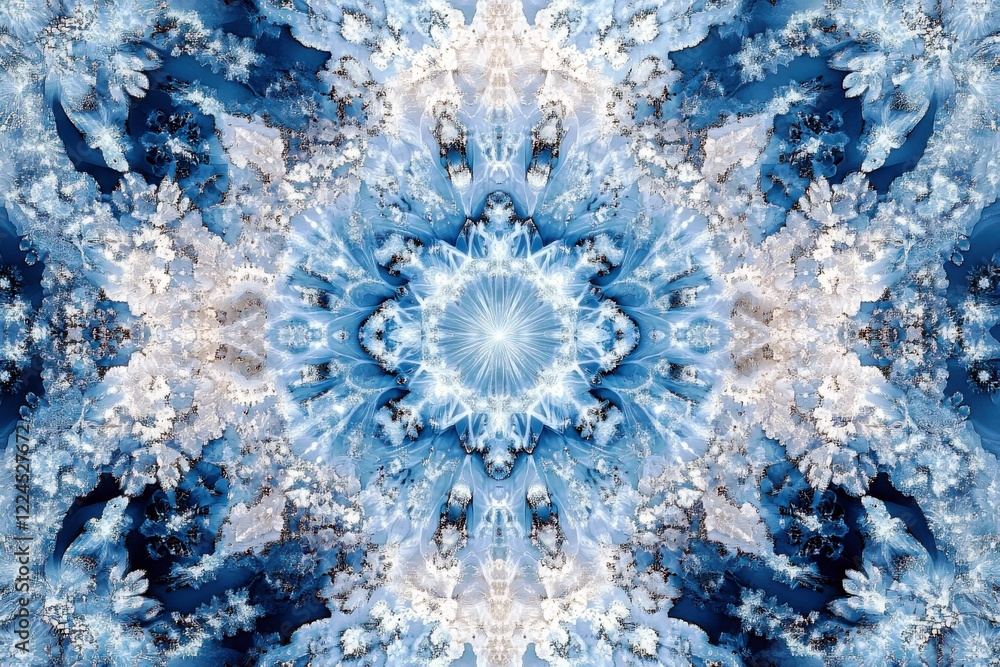 Poster intricate blue and white kaleidoscopic pattern with swirling fractals and ornate textures creating a