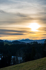Fototapeta premium sunset, alps, afterglow, wallpaper, postcard, allgäu, sunlight, tree, panorama, alpine view, evening mood, mountains, mountain